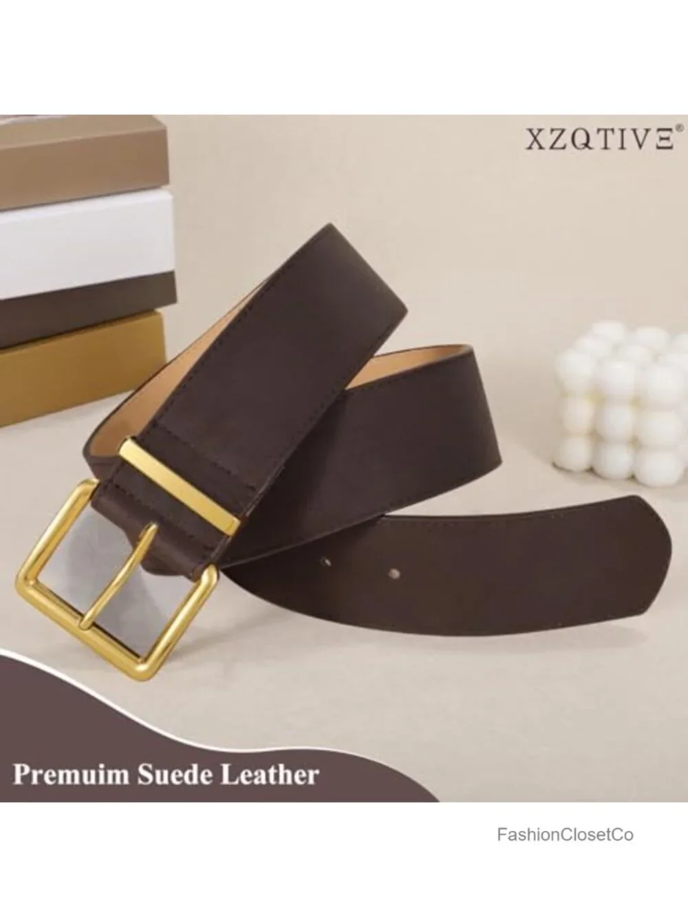 XZQTIVE Wide Suede Belt with Gold Square Buckle